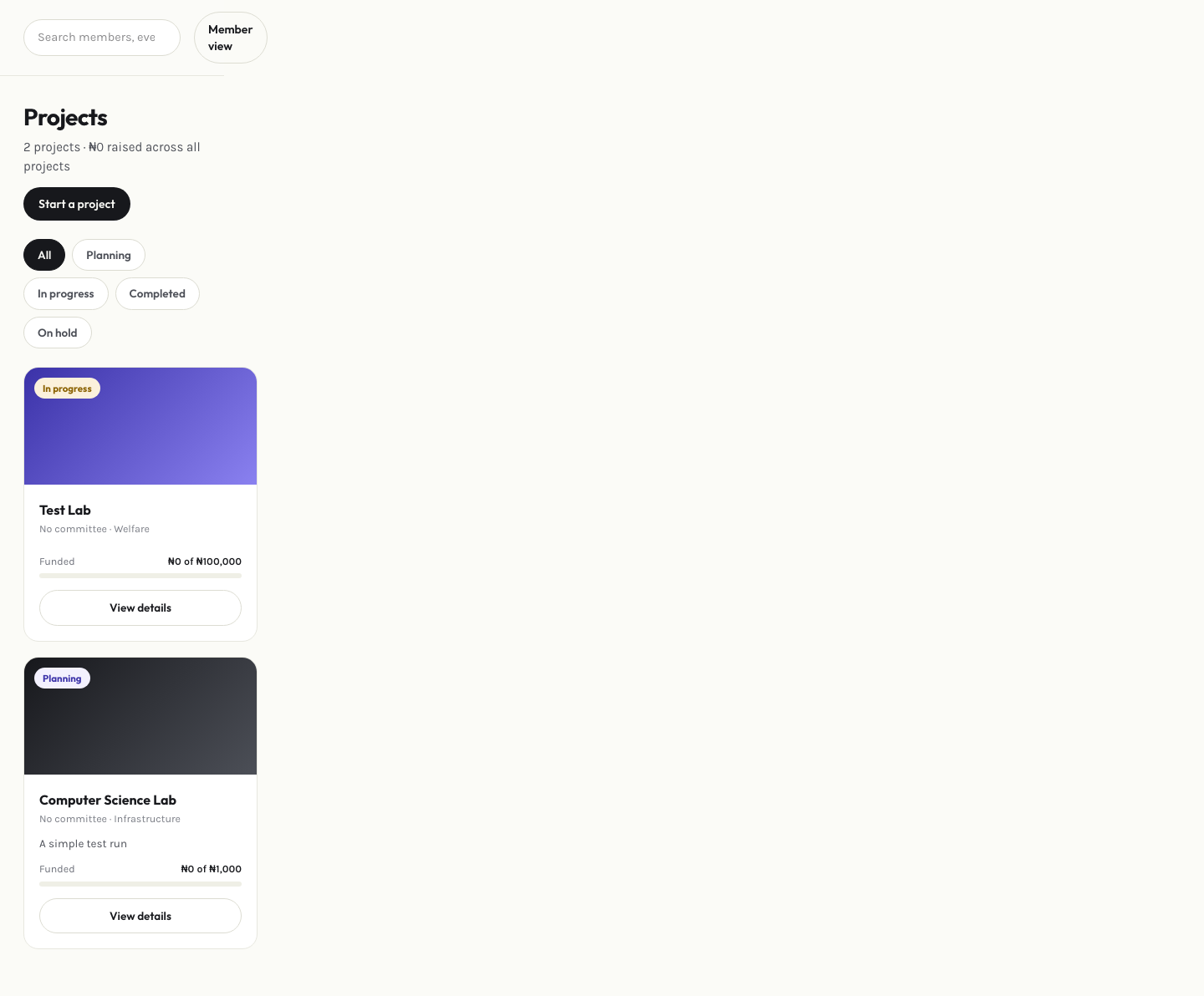 Admin projects page