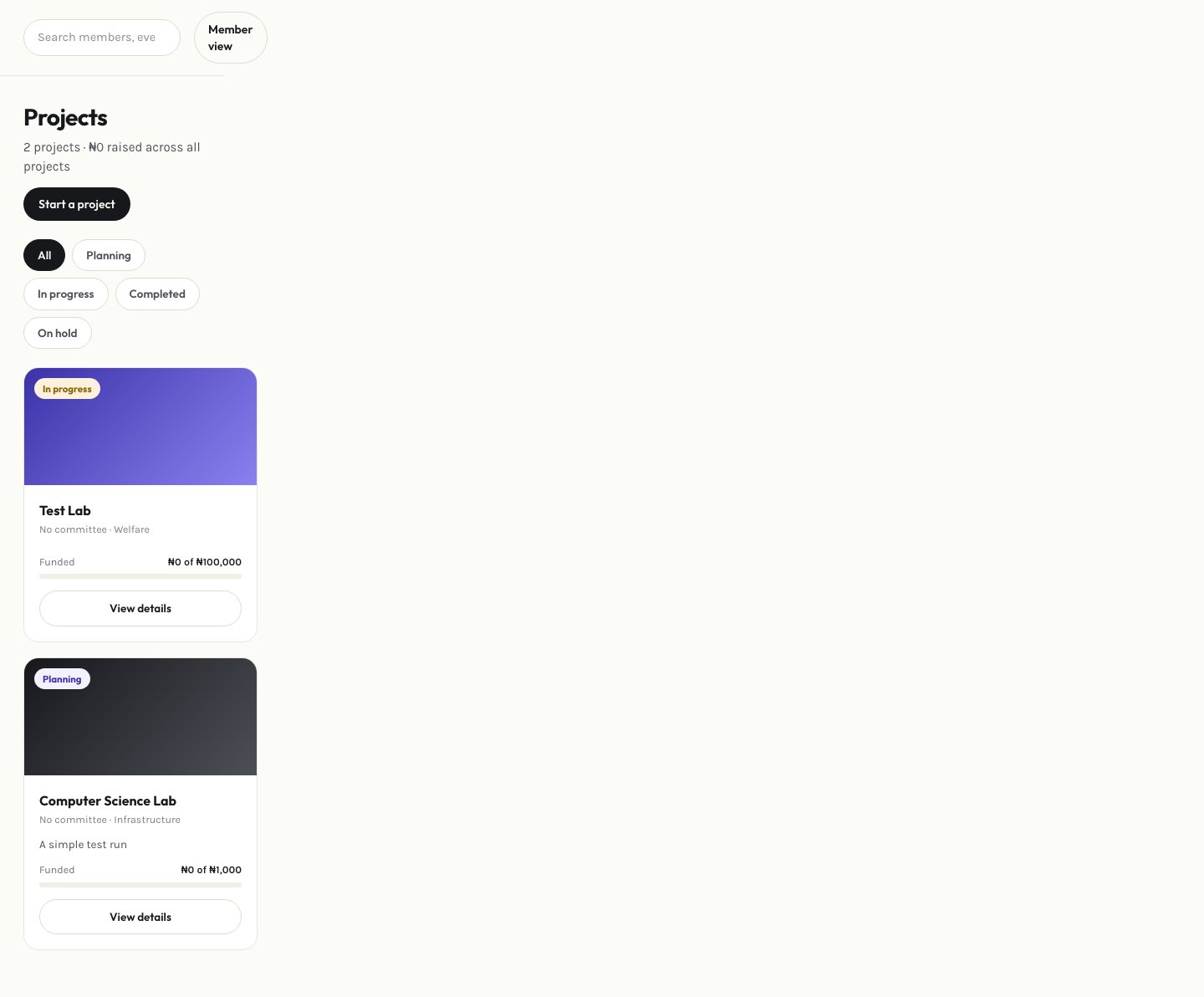 Admin projects page