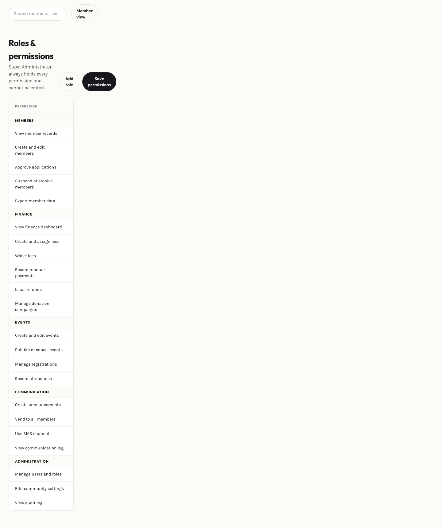 Admin roles & permissions page