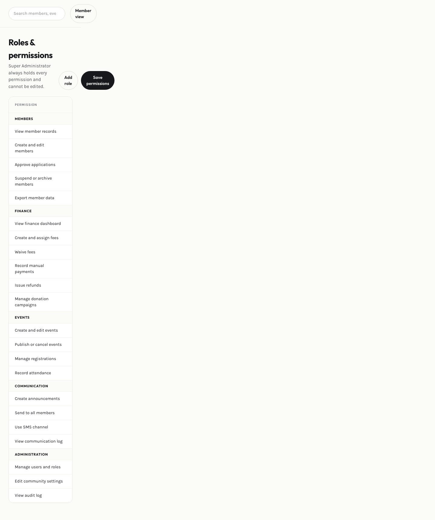 Admin roles & permissions page