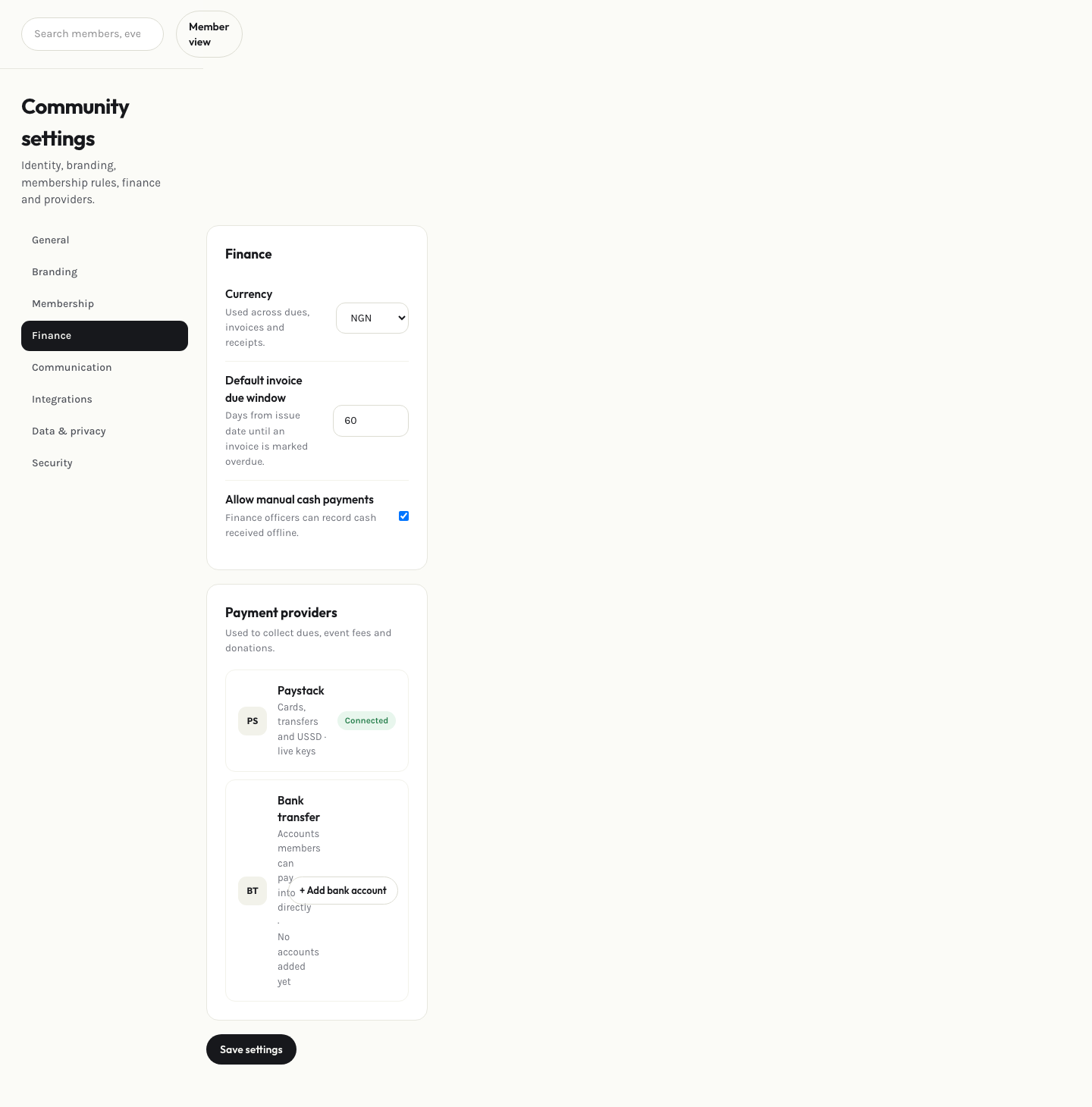 Admin finance settings