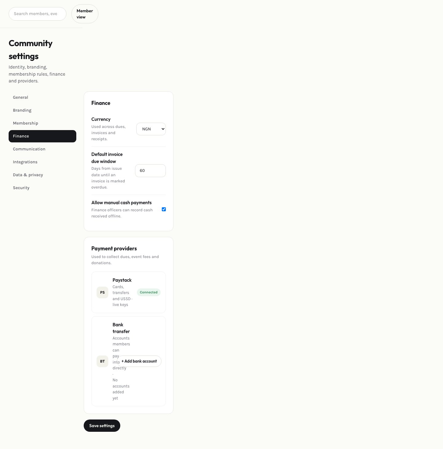 Admin finance settings