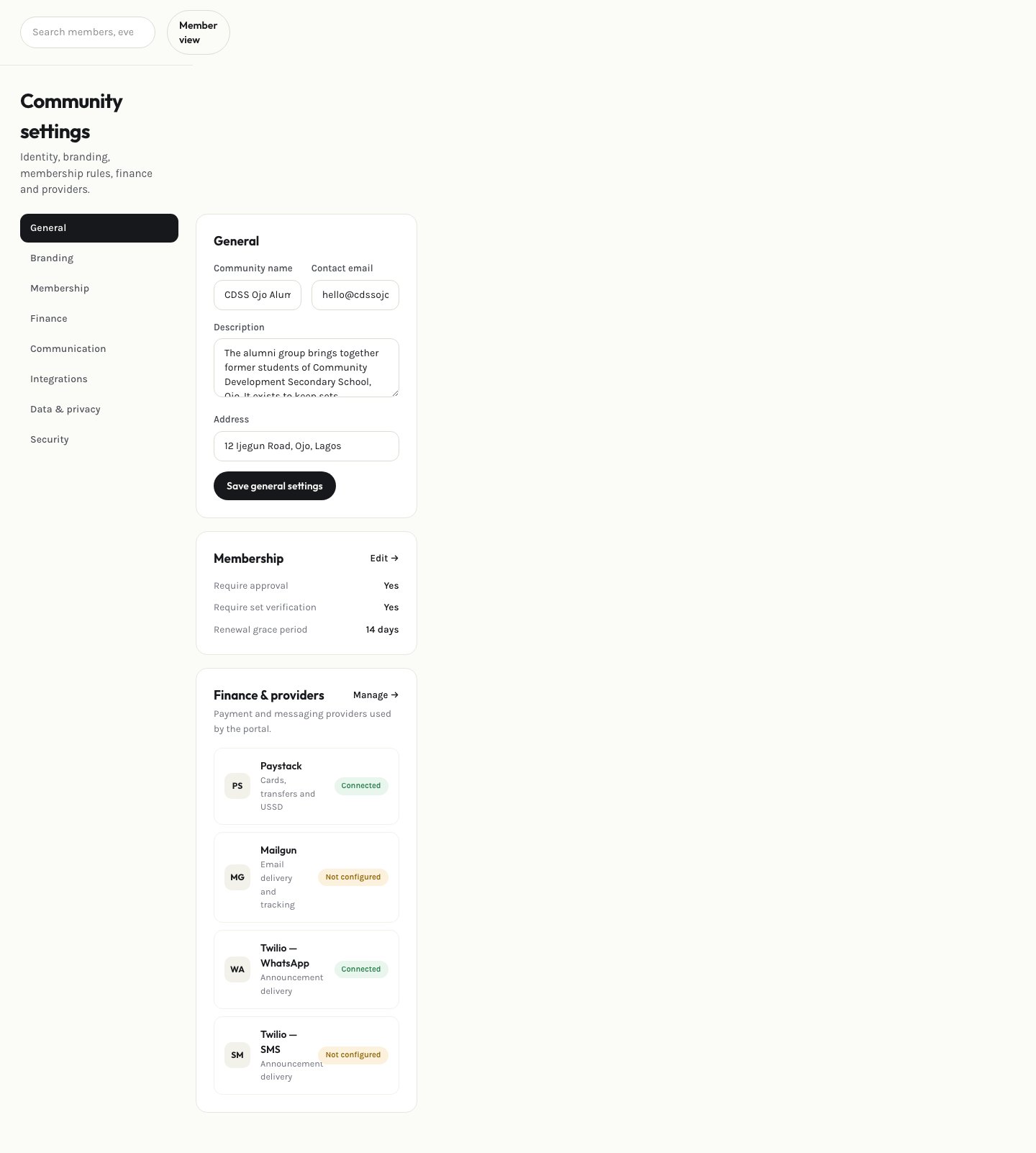 Admin general settings