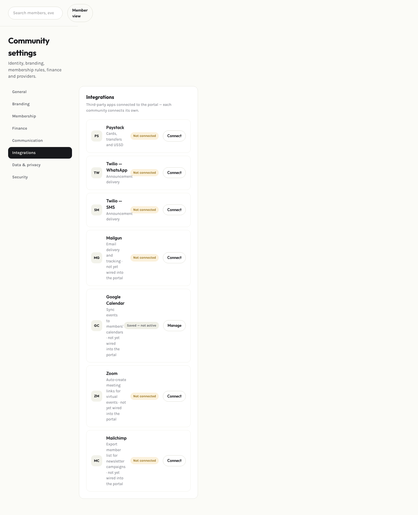Admin integrations settings