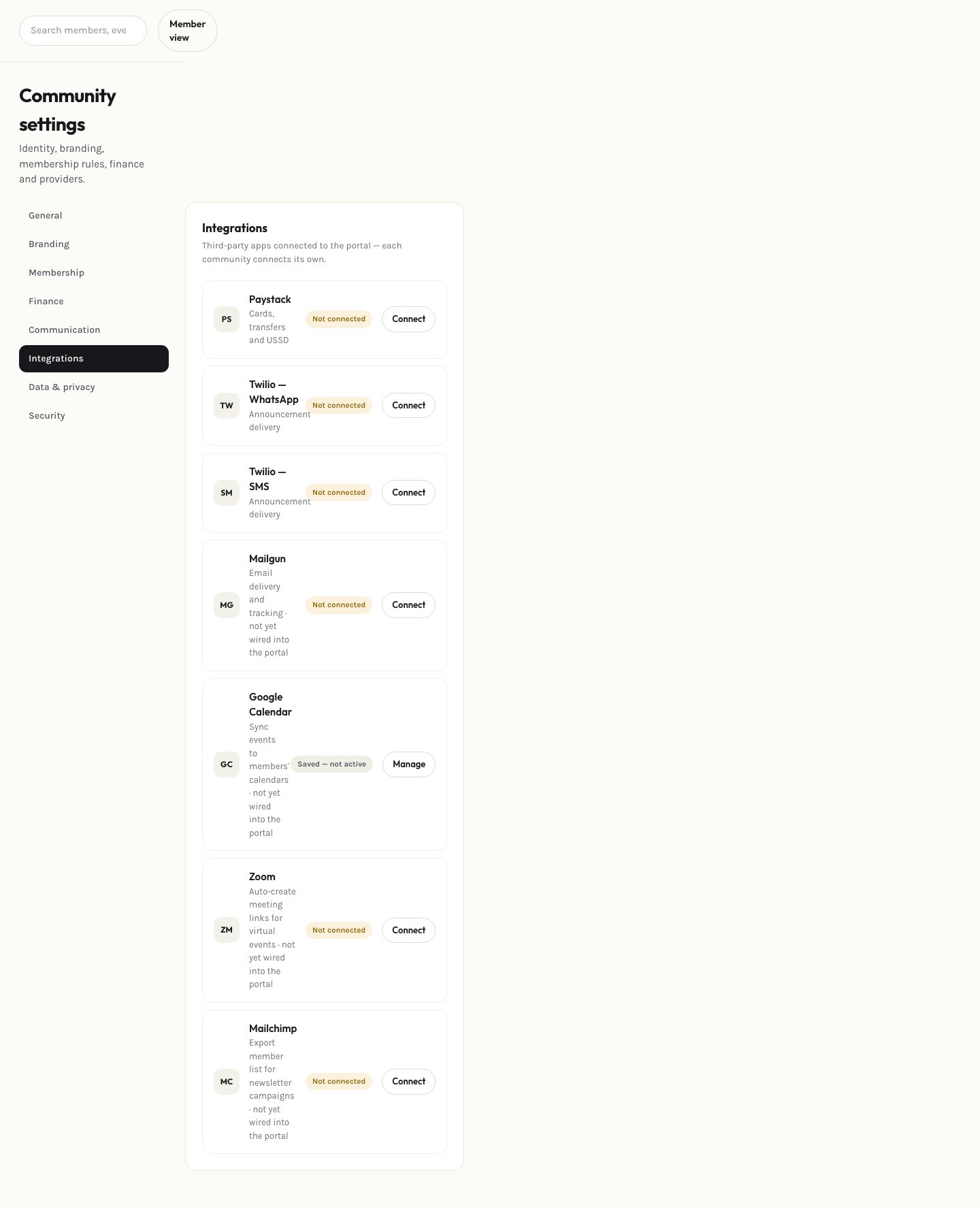 Admin integrations settings