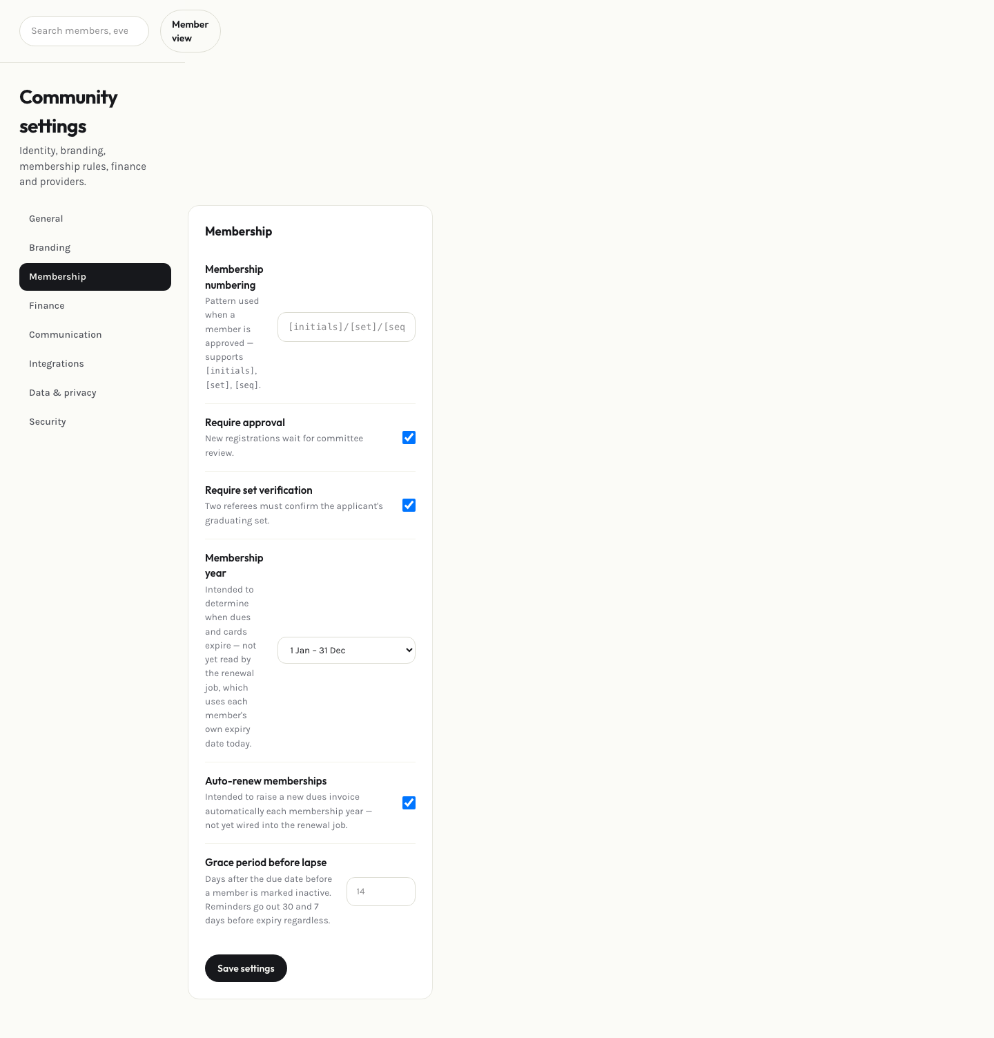 Admin membership settings