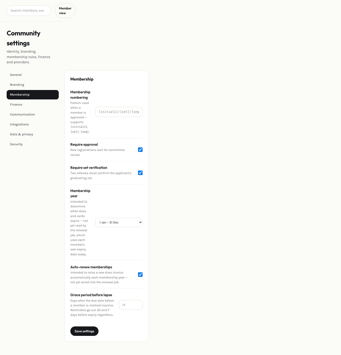 Admin membership settings