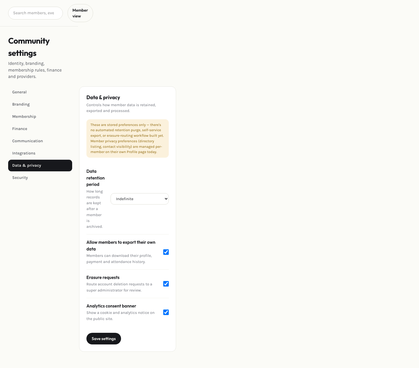 Admin data & privacy settings