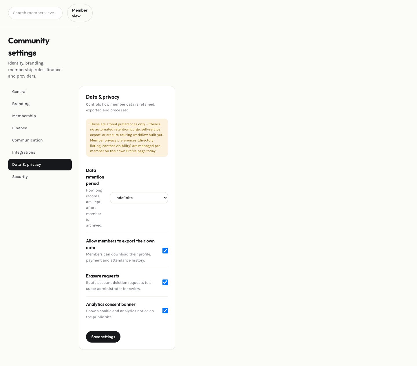 Admin data & privacy settings