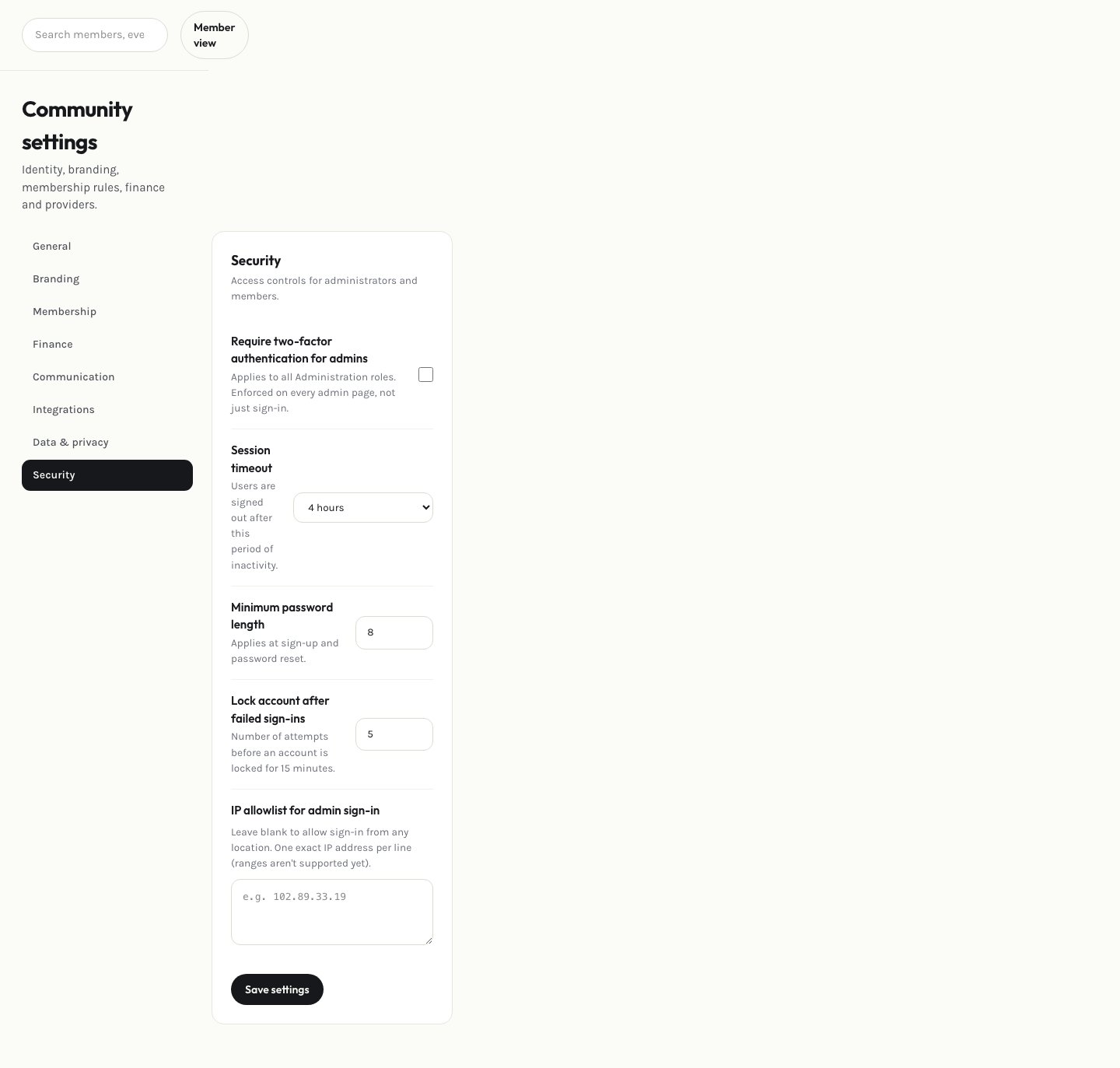 Admin security settings