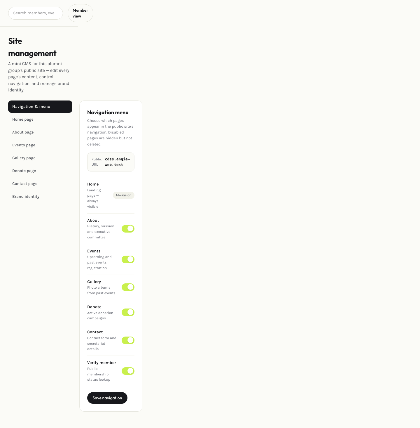 Admin site management page