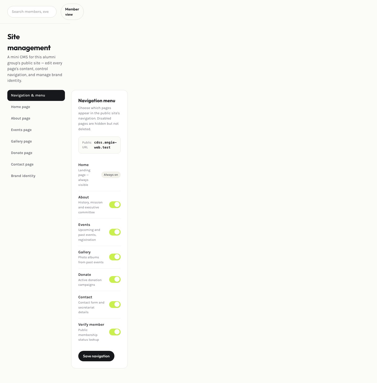 Admin site management page