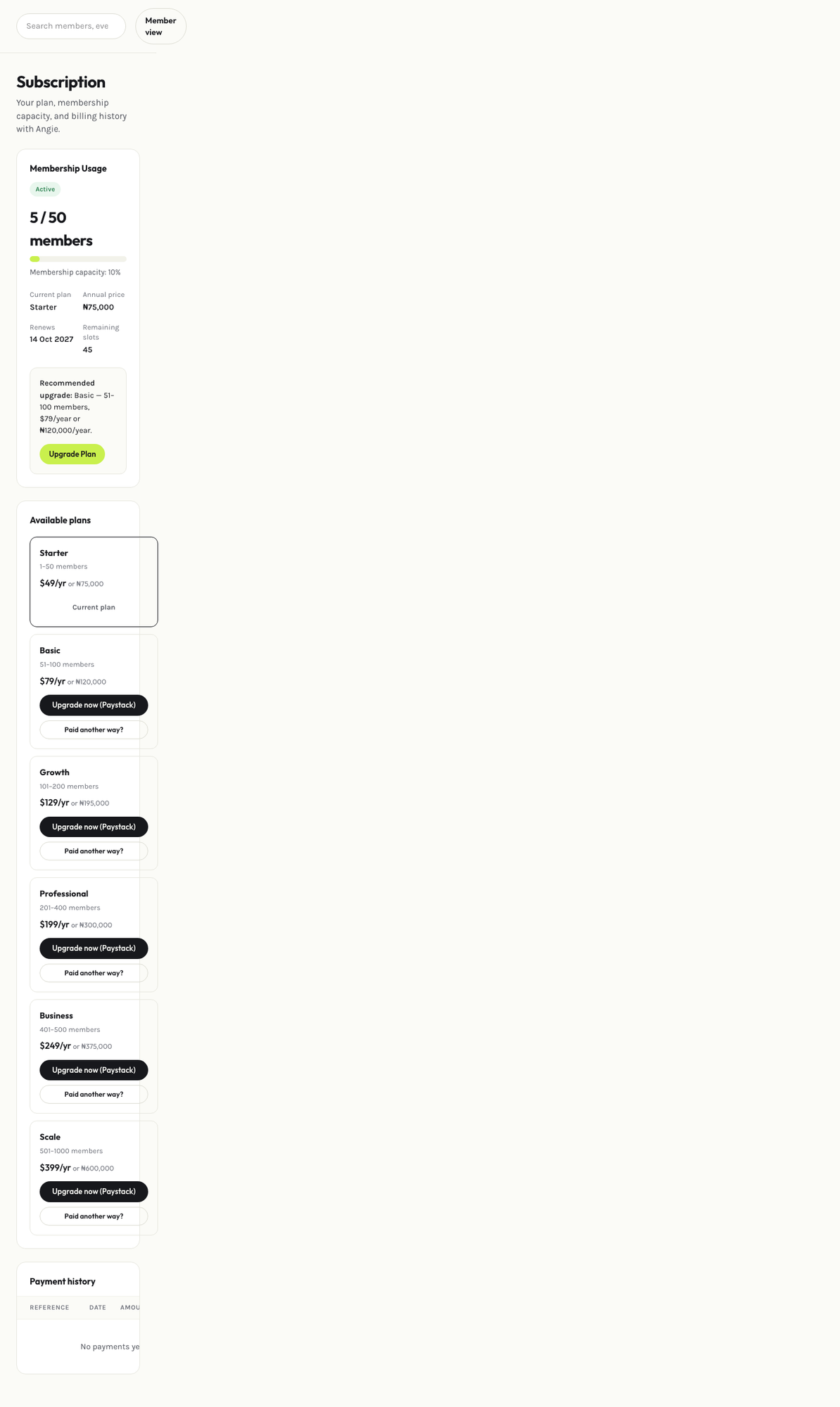 Admin subscription page