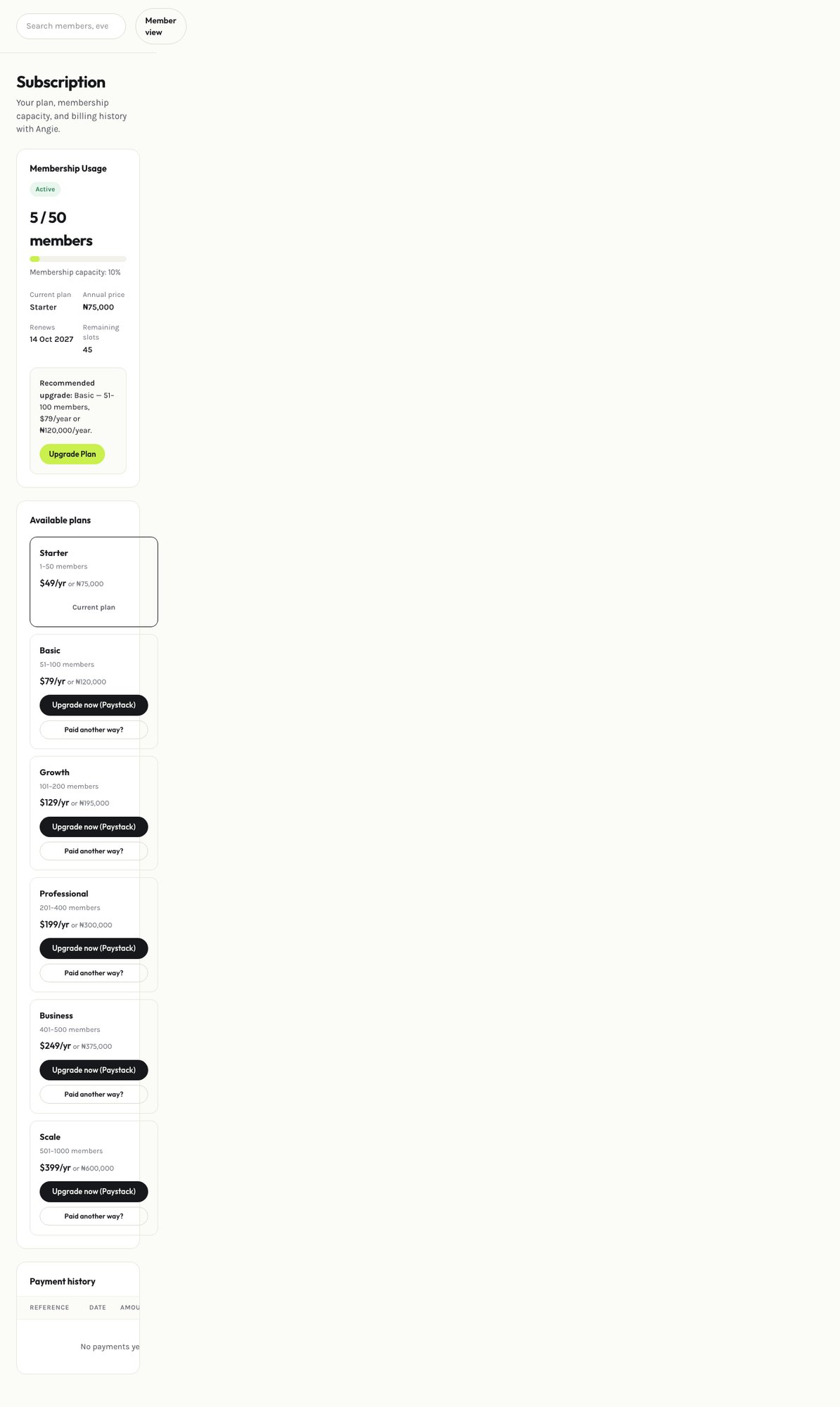 Admin subscription page
