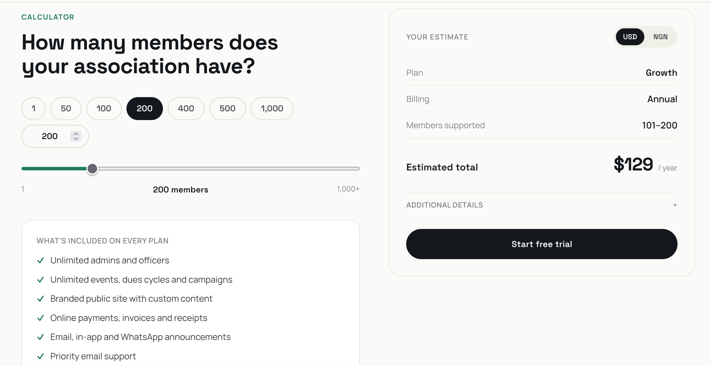 Pricing calculator
