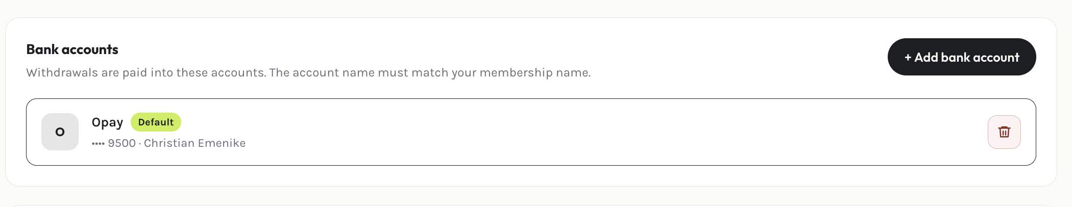 Member settings page, where bank accounts are managed