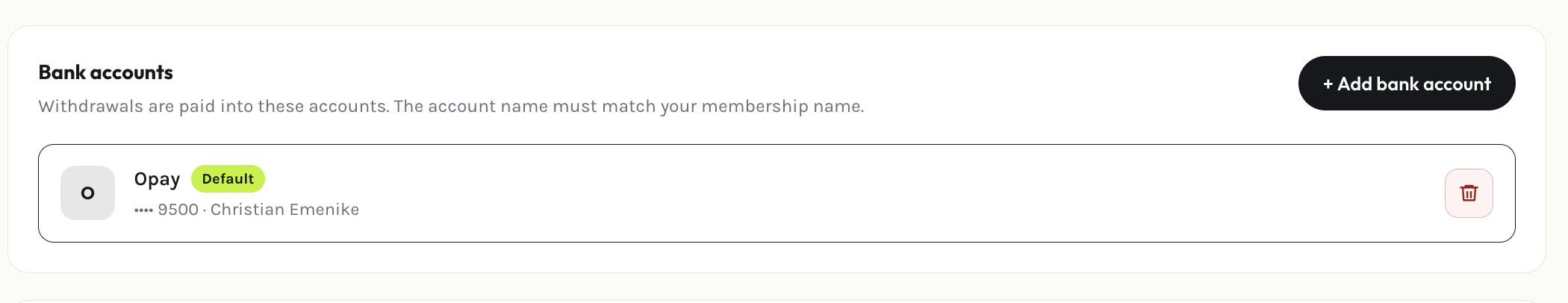 Member settings page, where bank accounts are managed