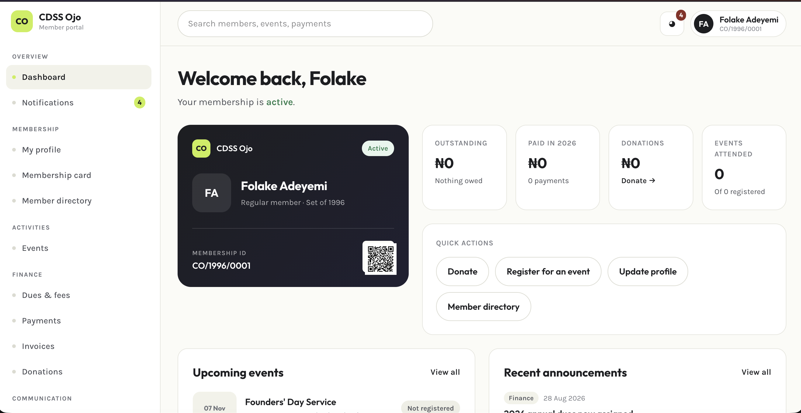 Member dashboard