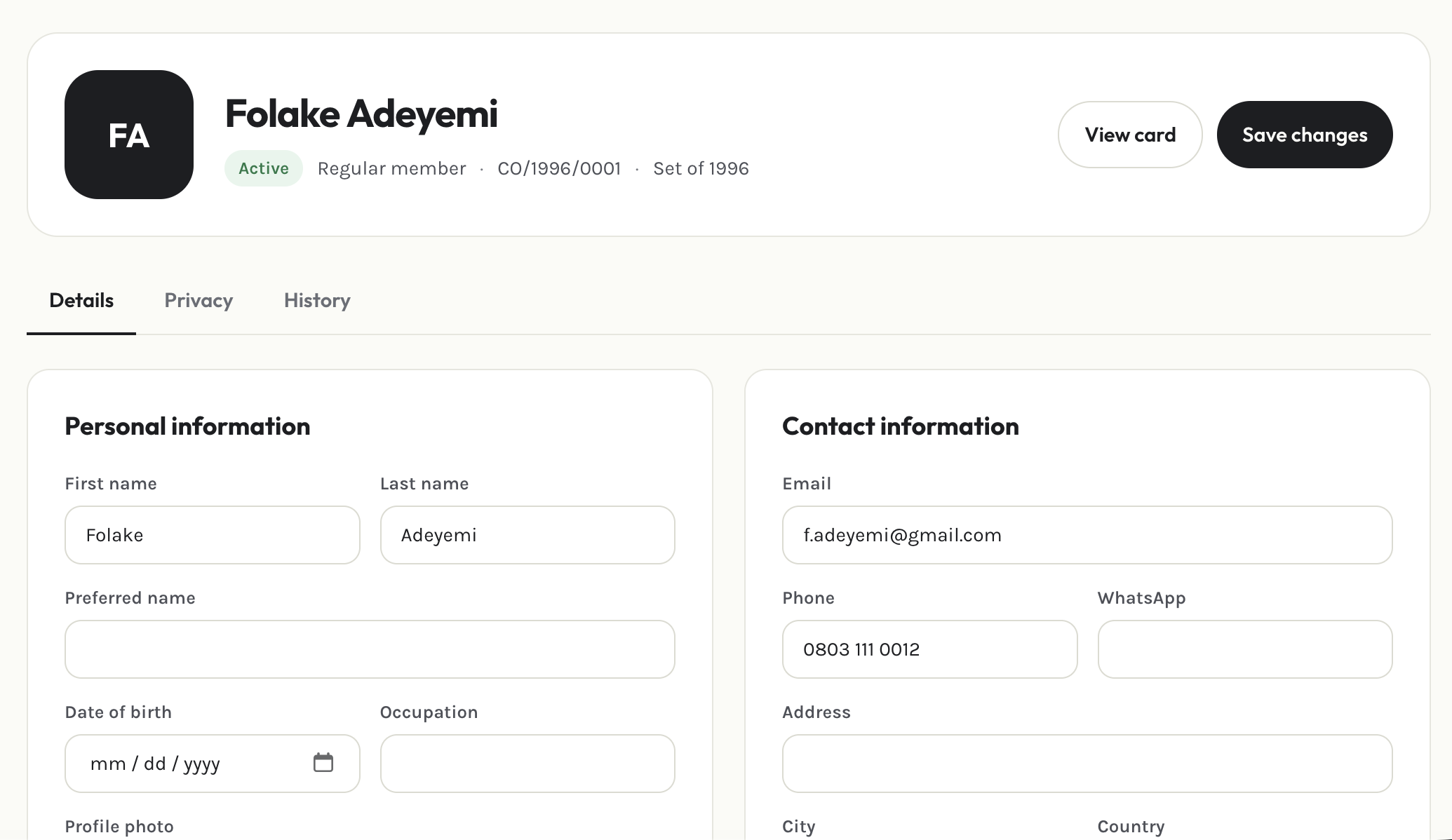 Member profile page