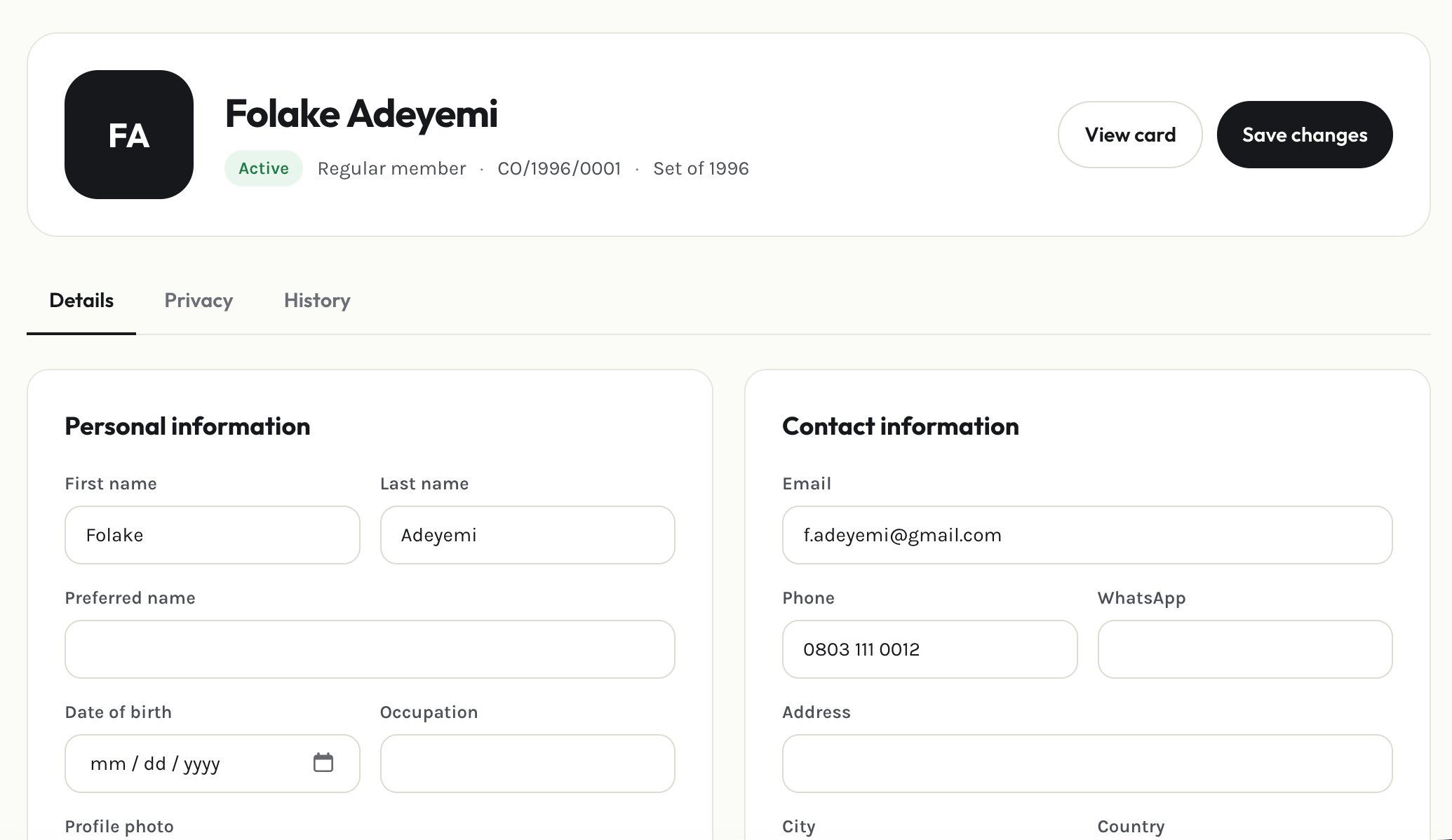Member profile page