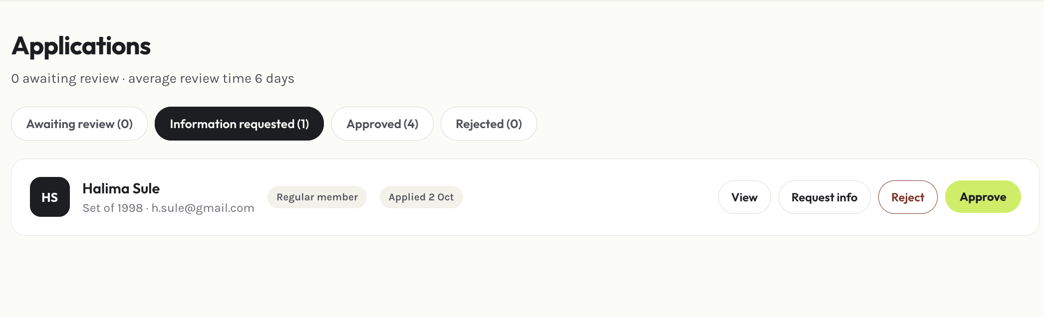 Admin applications page