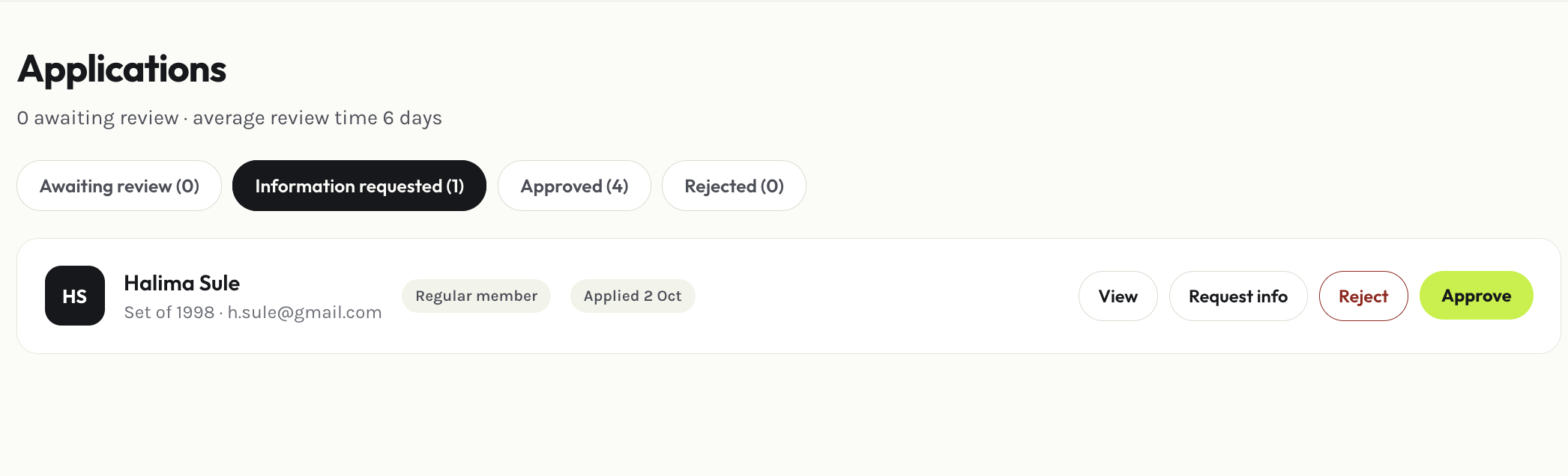 Admin applications page