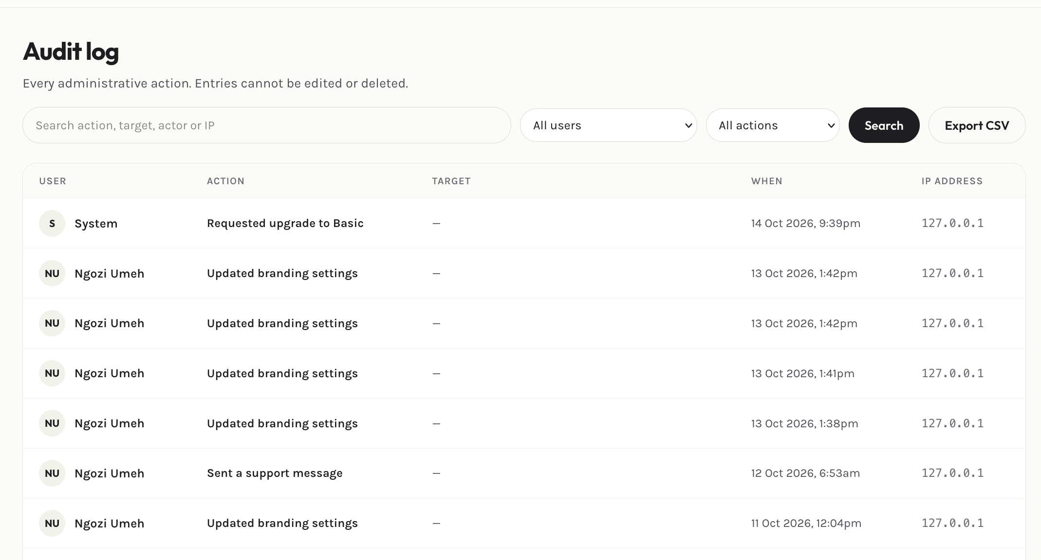 Admin audit log page