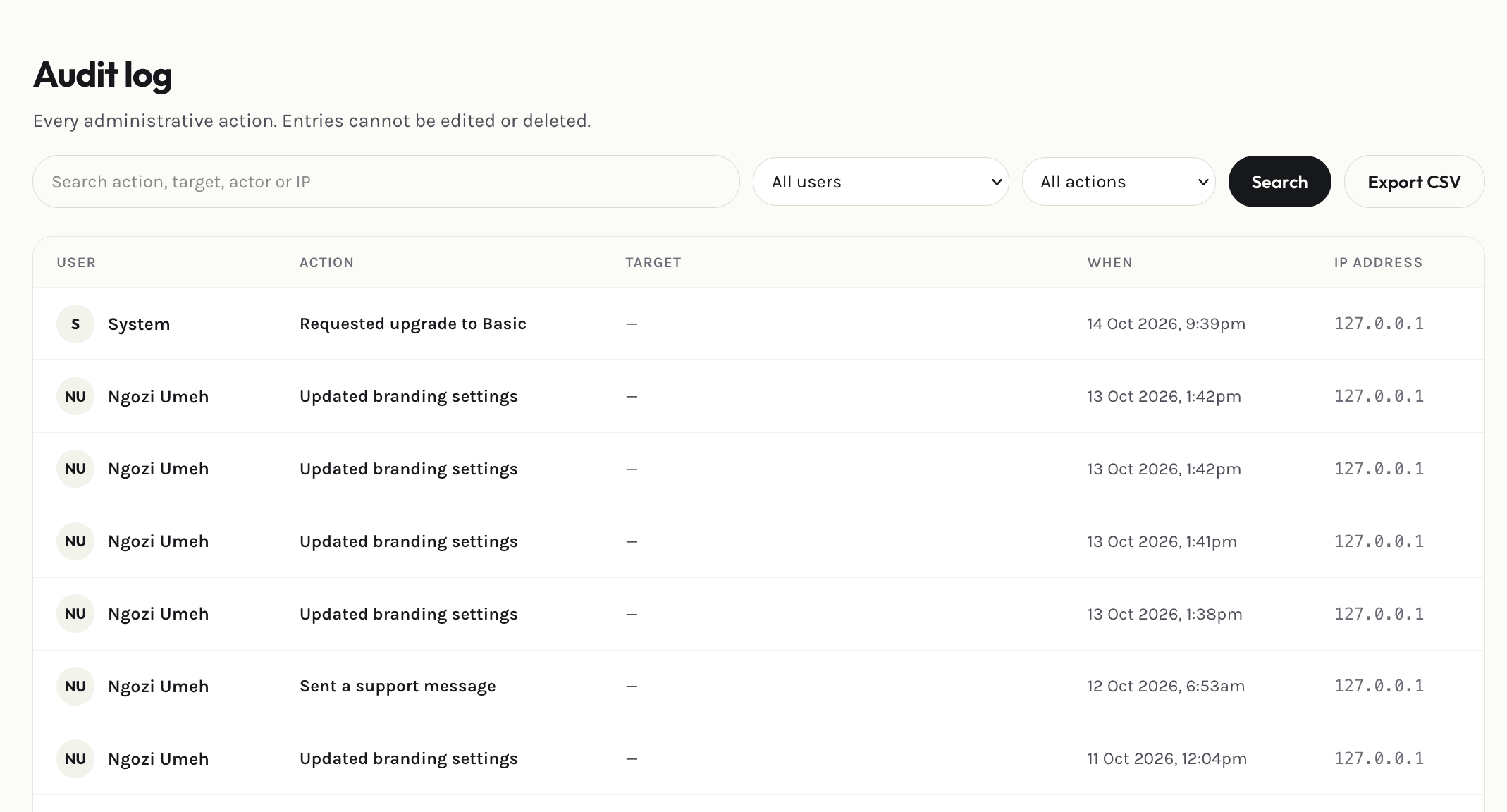 Admin audit log page