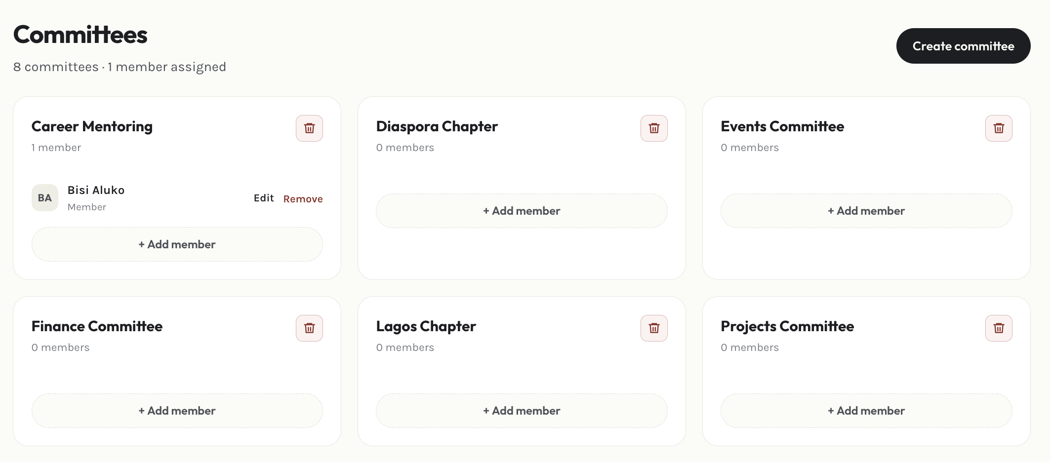 Admin committees page