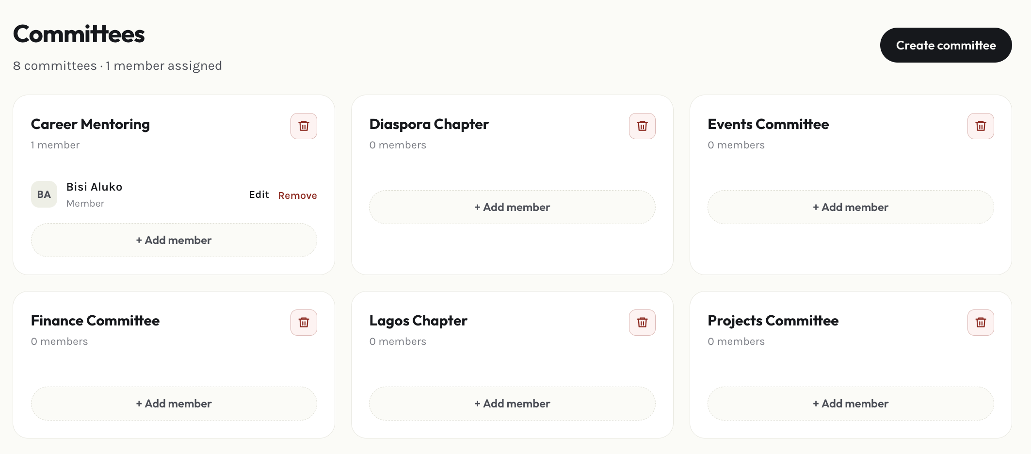 Admin committees page