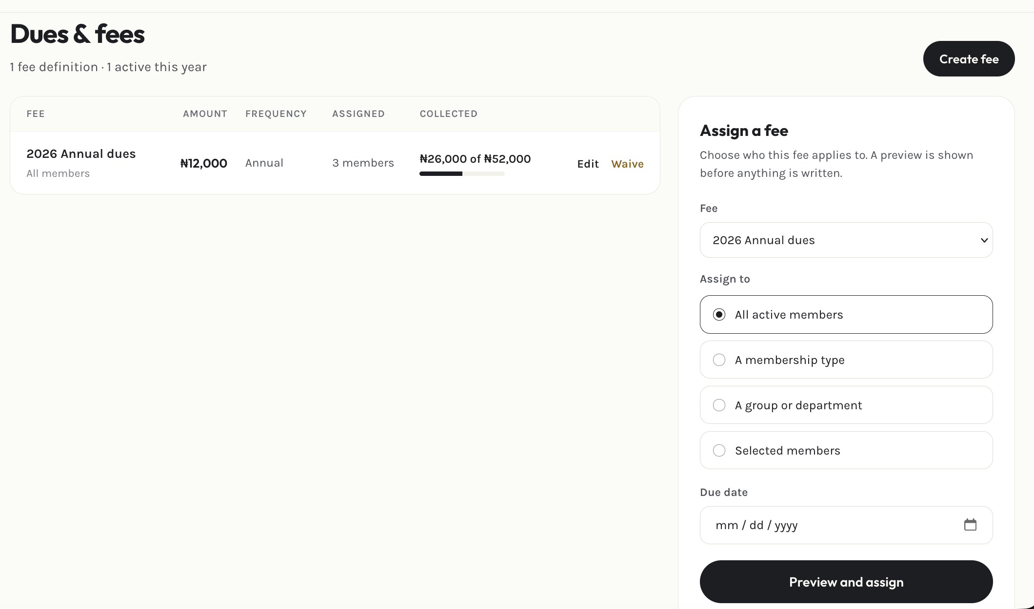 Admin dues & fees page