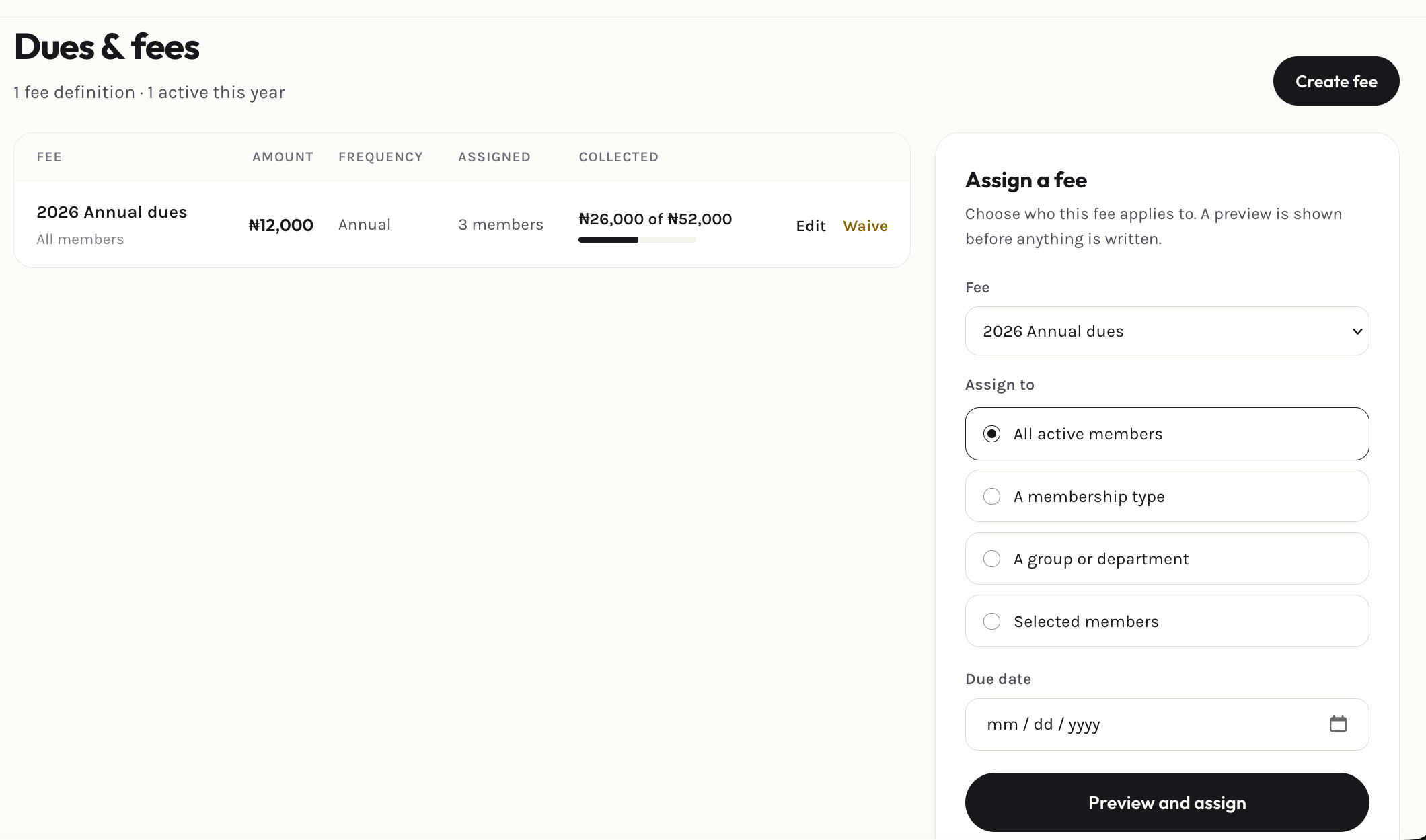 Admin dues & fees page