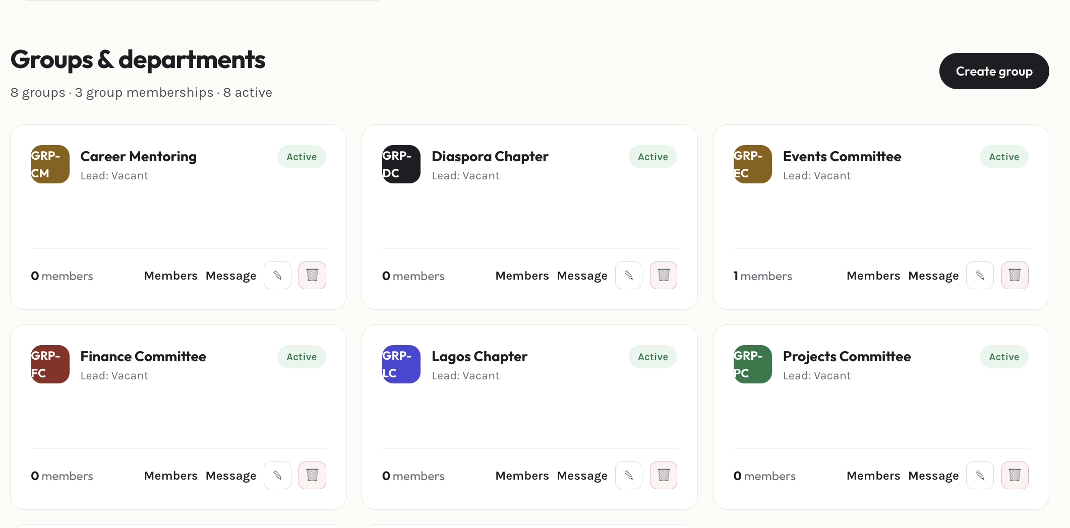 Admin groups page