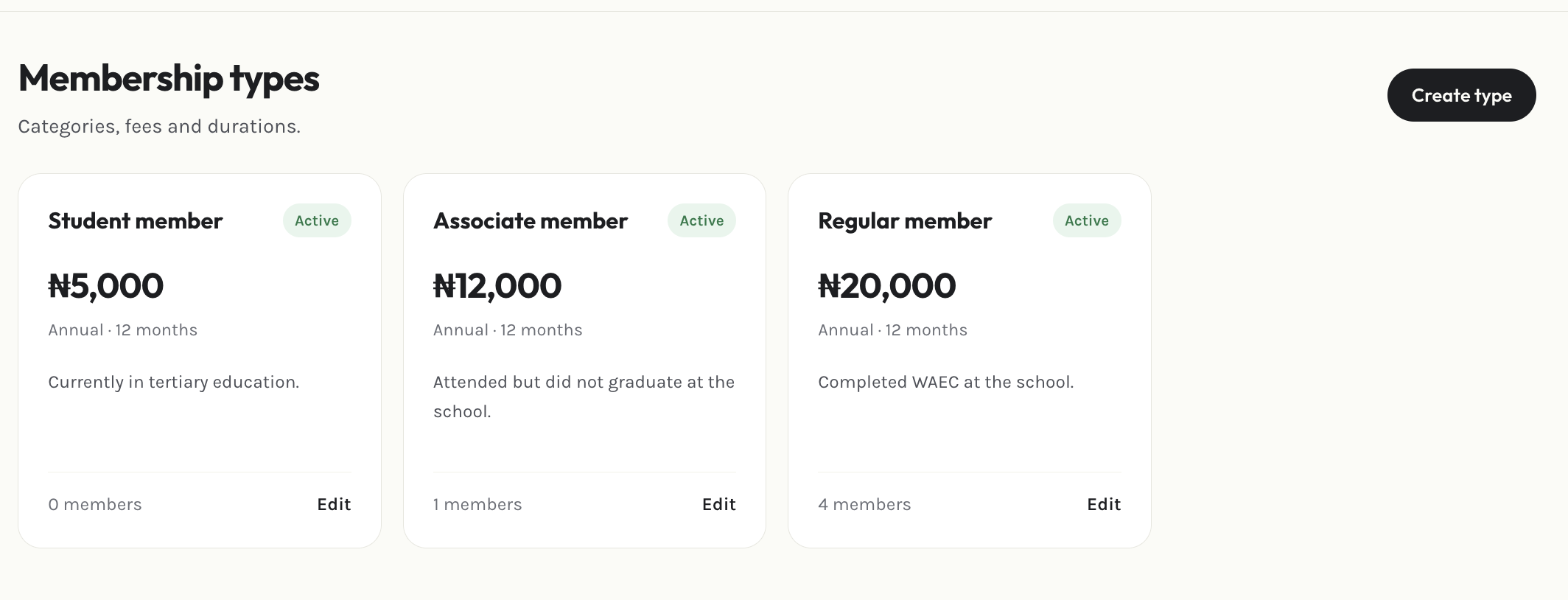 Admin membership types page