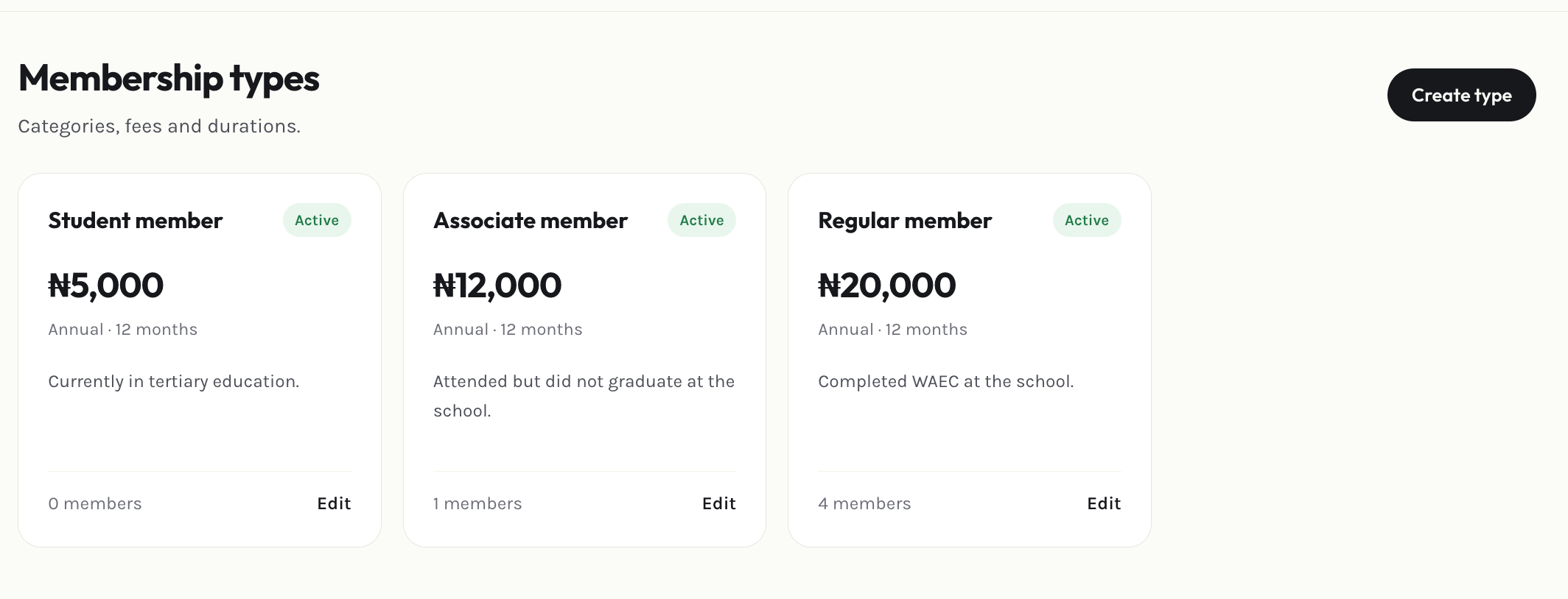 Admin membership types page