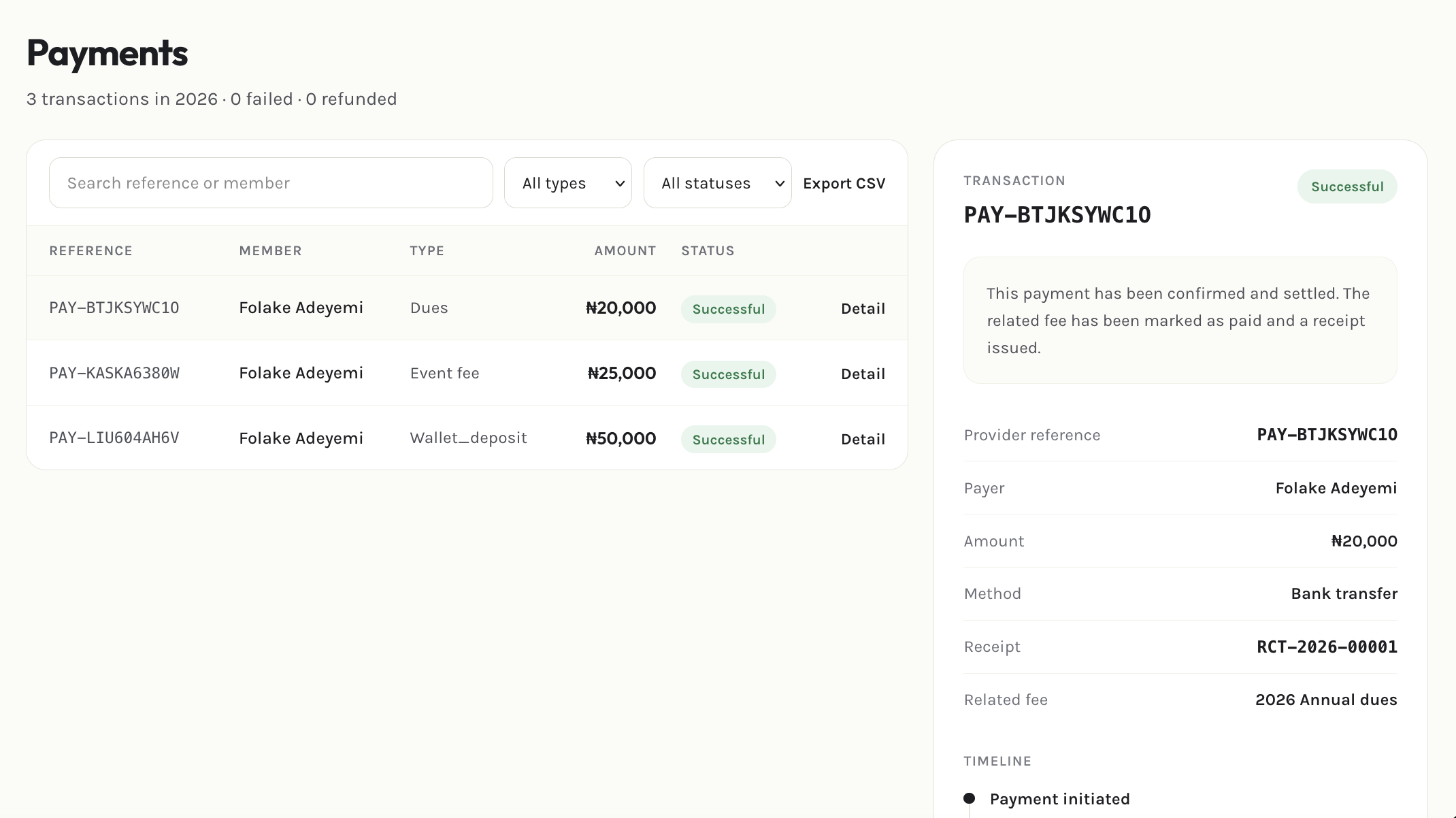 Admin payments page