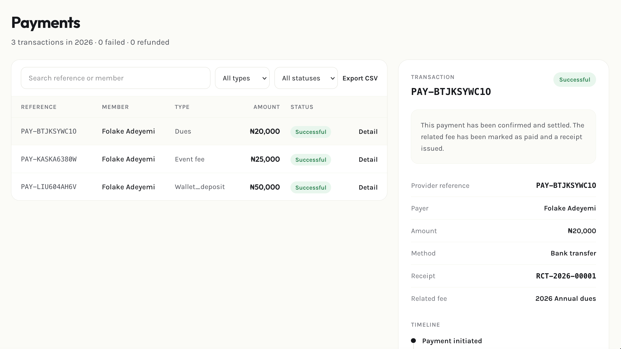 Admin payments page