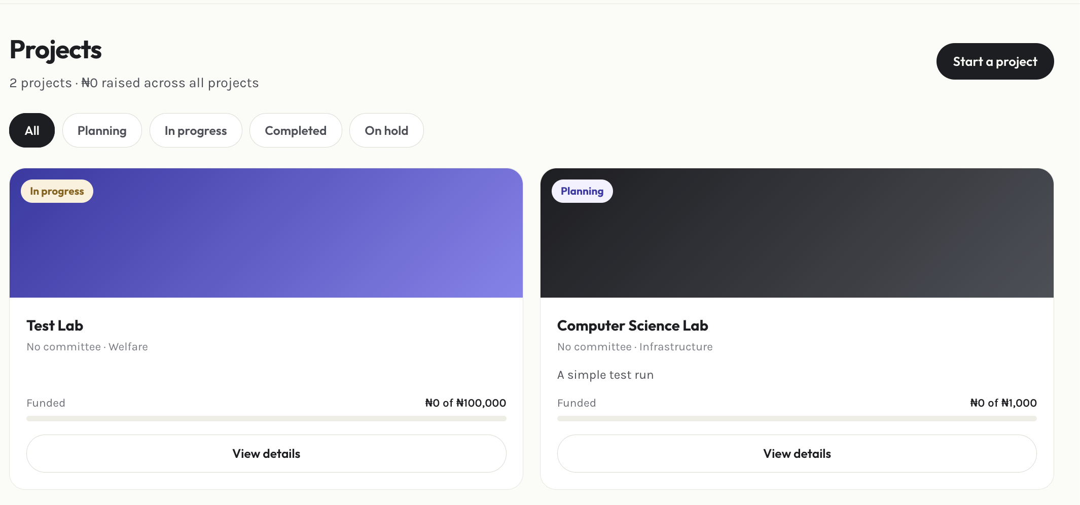 Admin projects page
