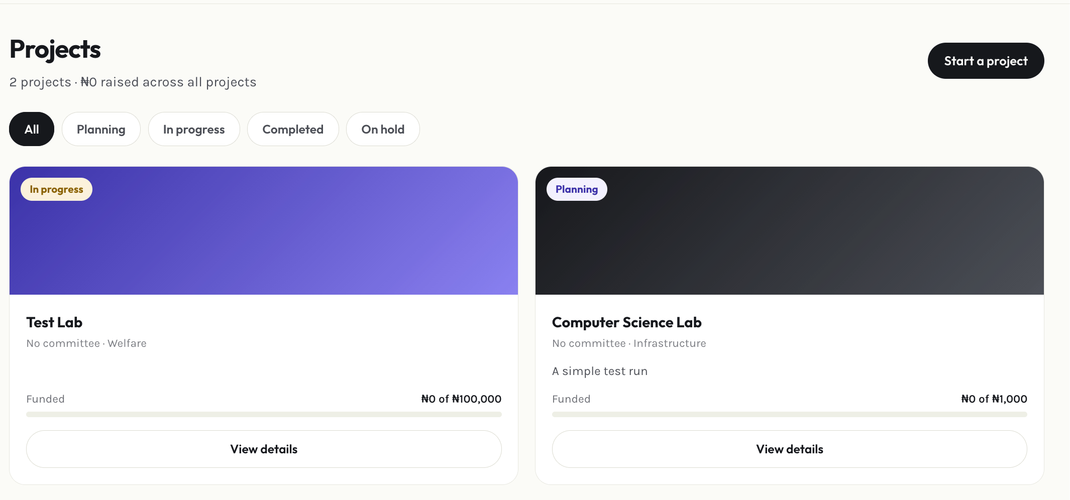 Admin projects page