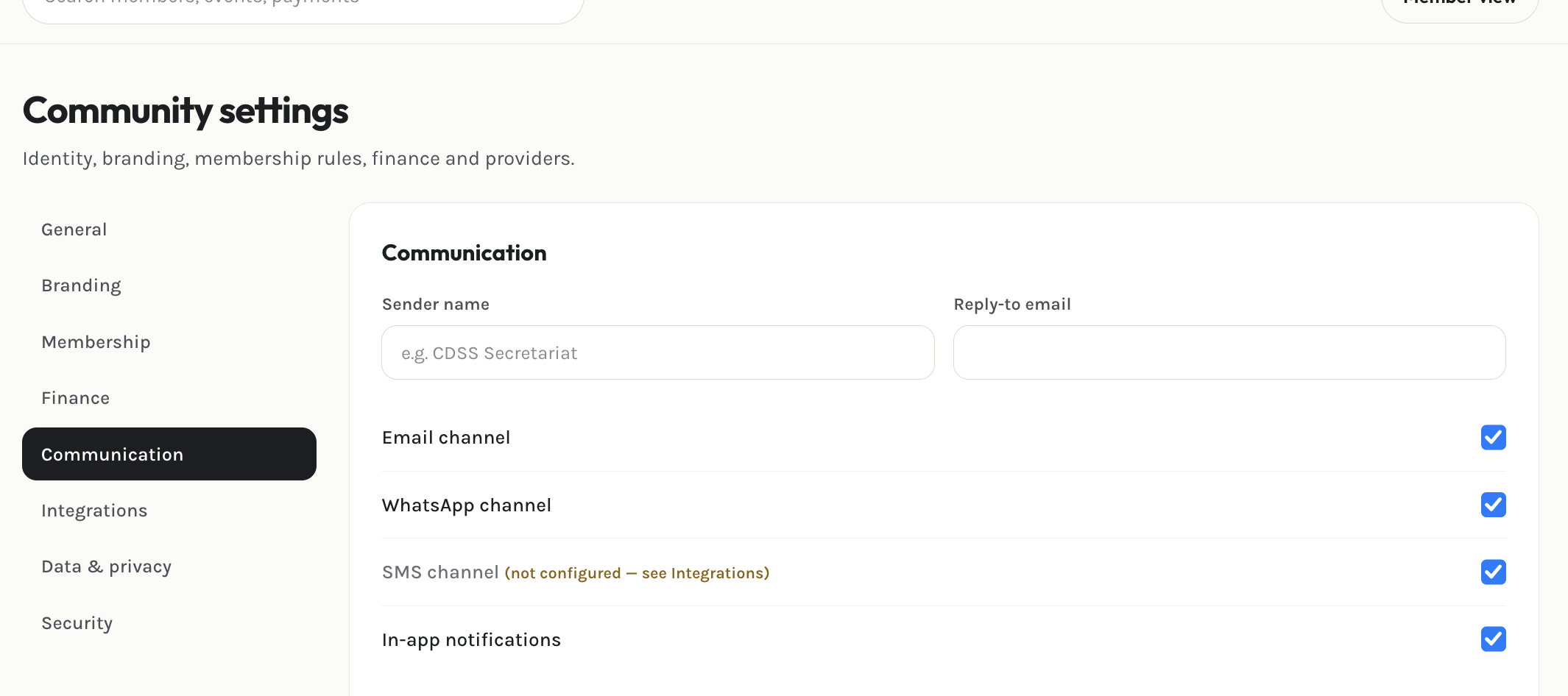 Admin communication settings