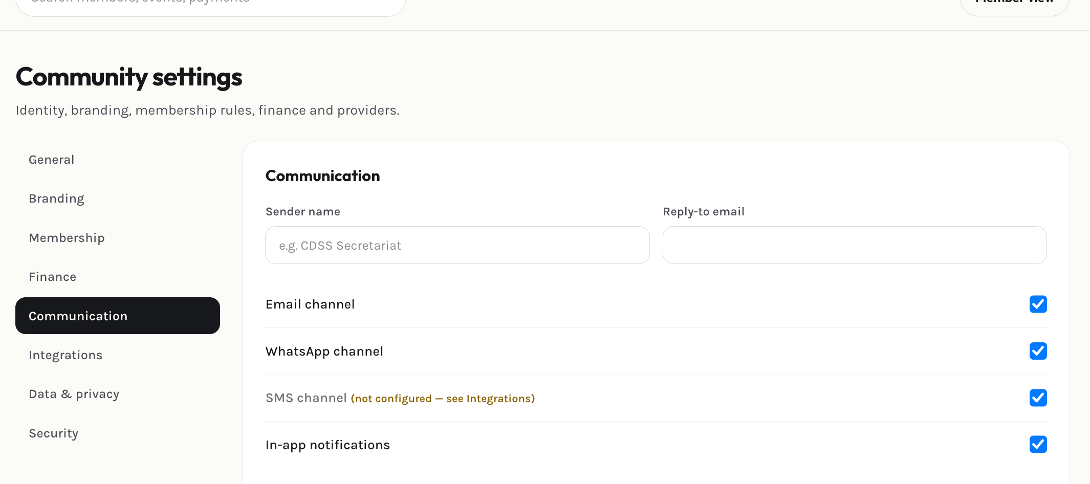 Admin communication settings