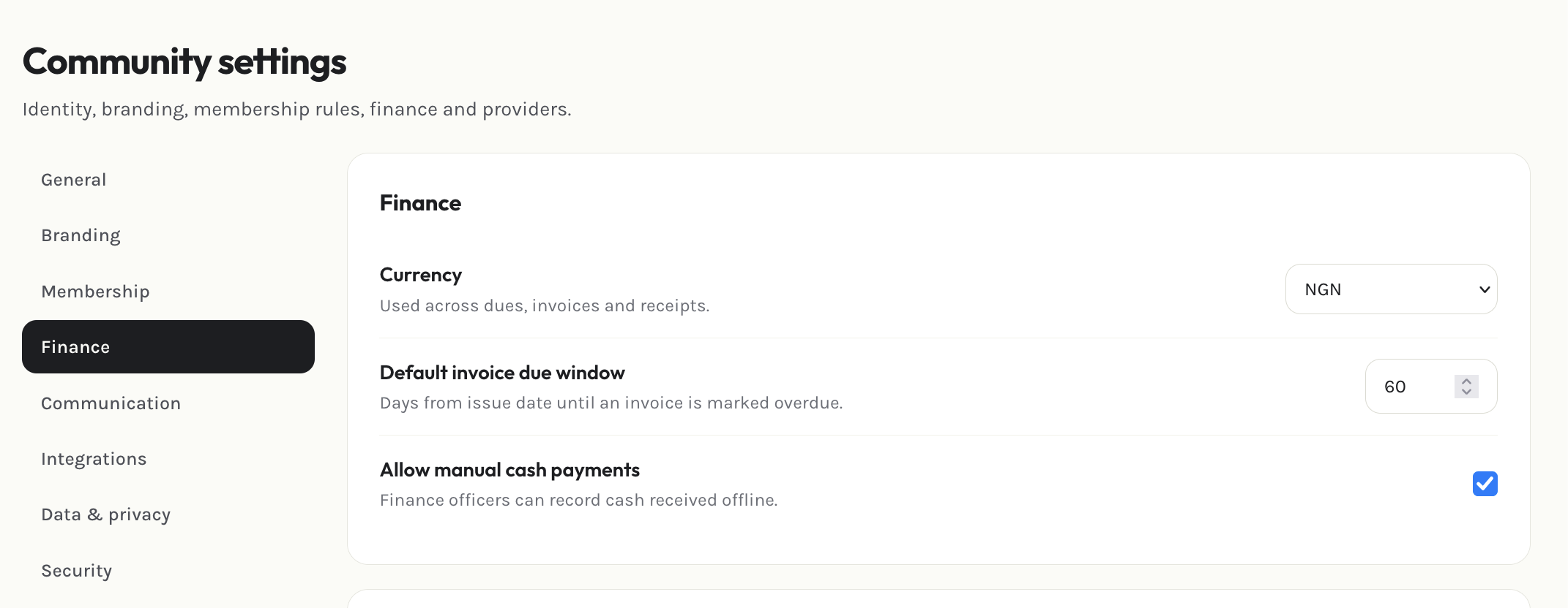 Admin finance settings
