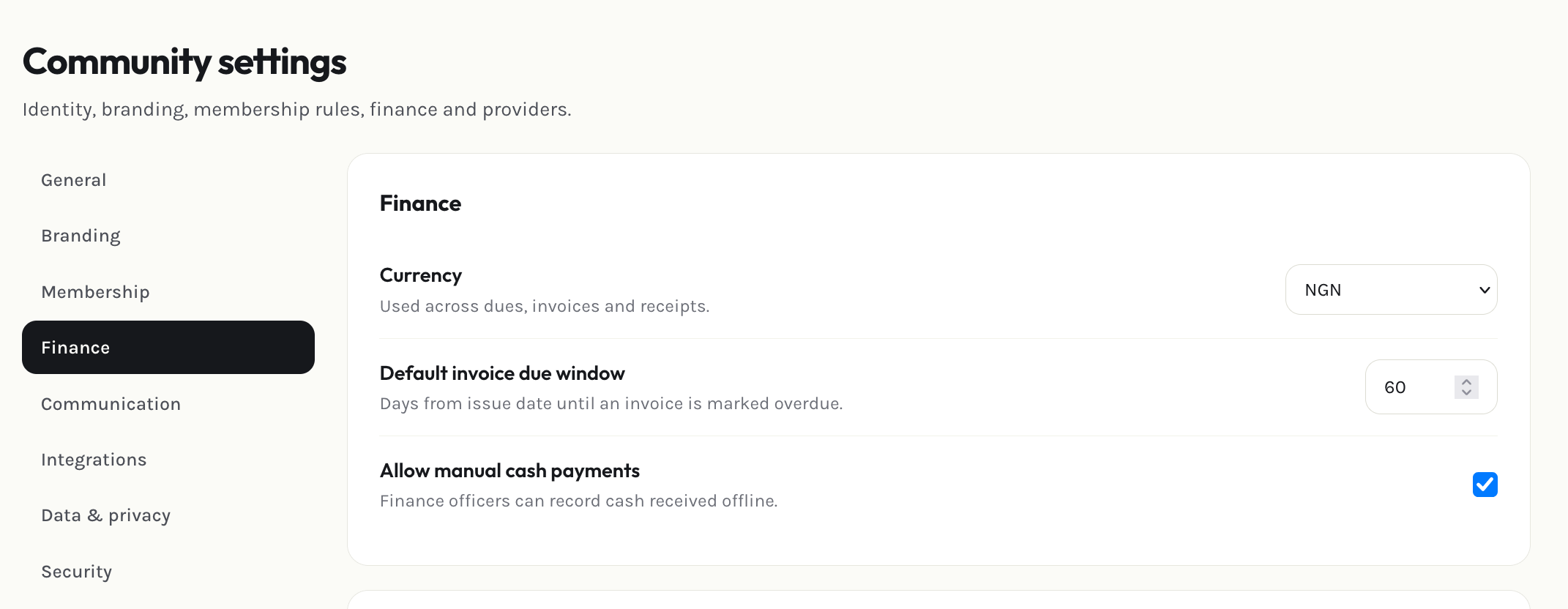 Admin finance settings