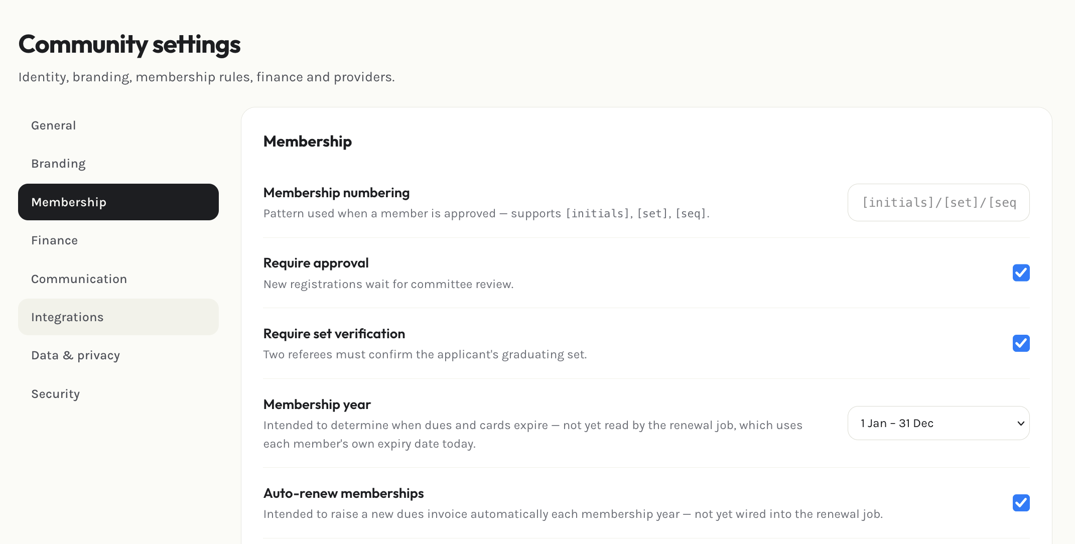 Admin membership settings