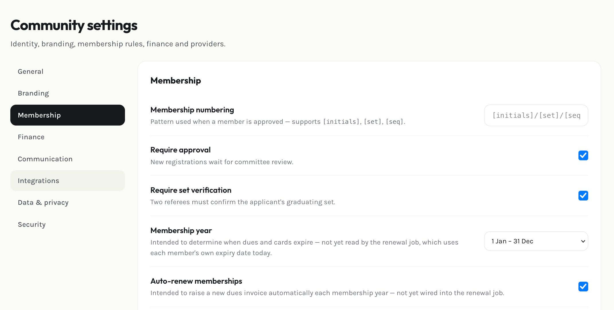 Admin membership settings