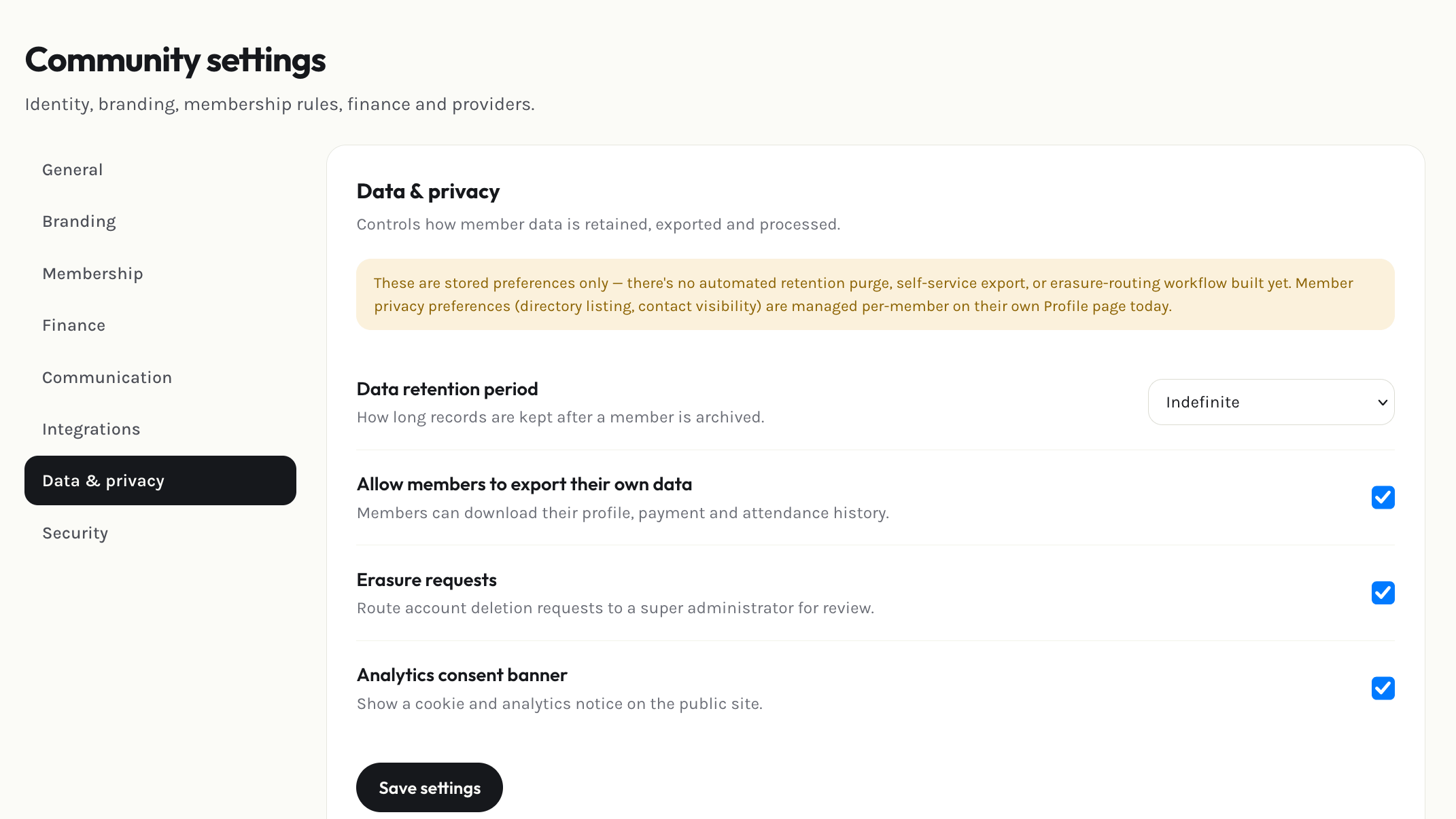 Admin data & privacy settings