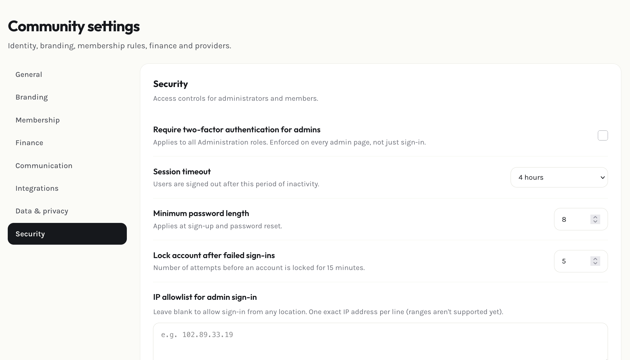 Admin security settings