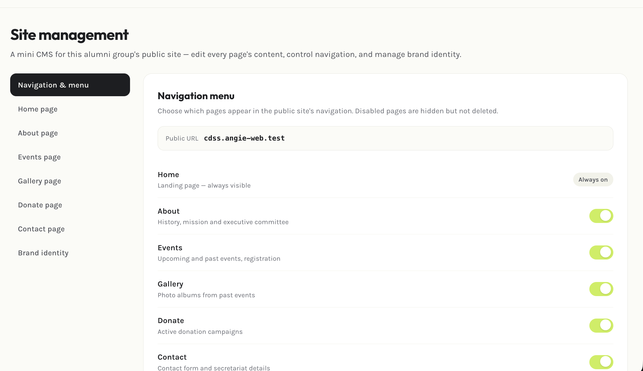 Admin site management page
