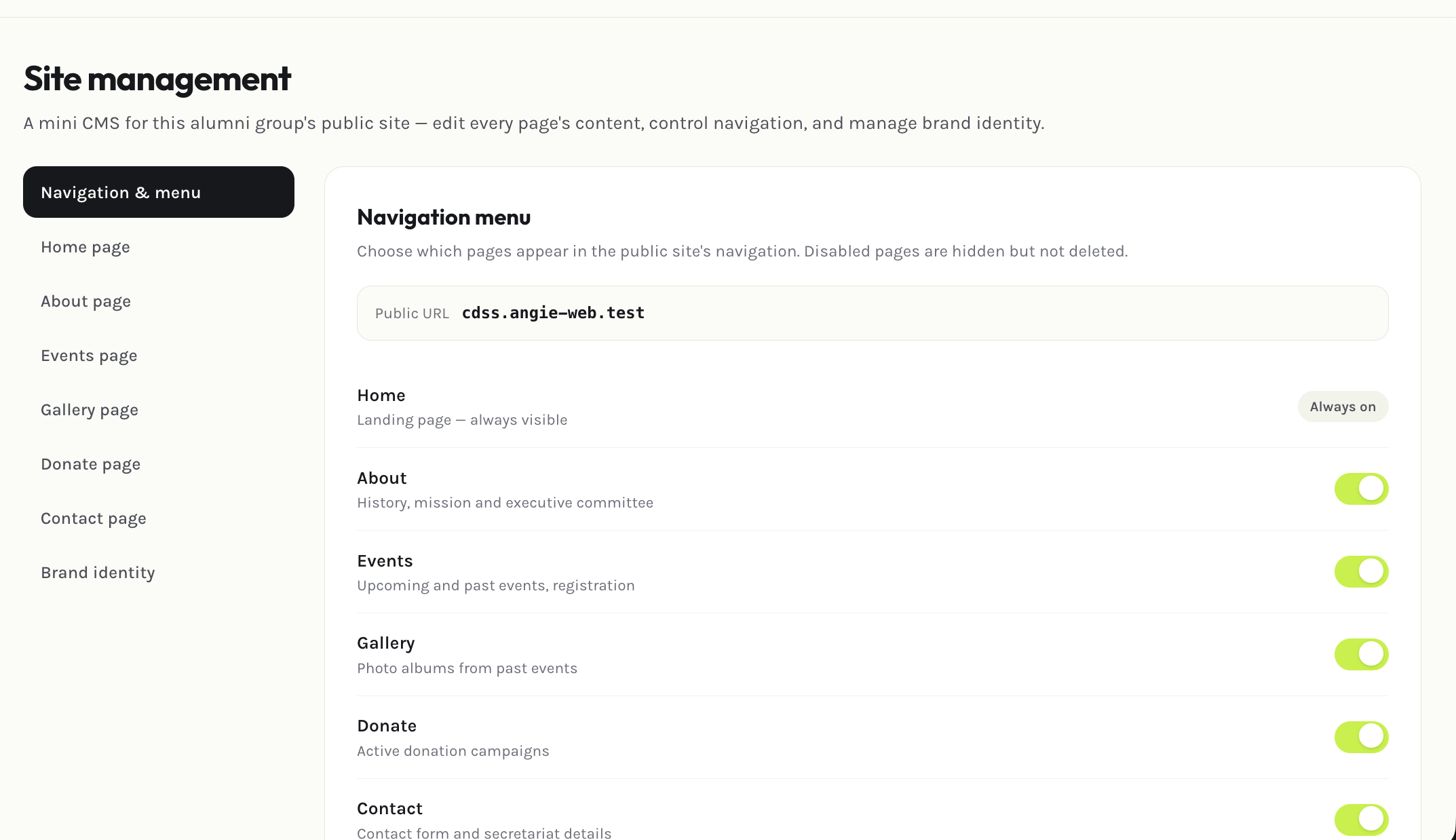Admin site management page