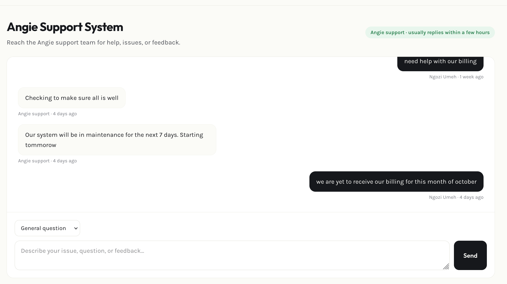 Admin support page